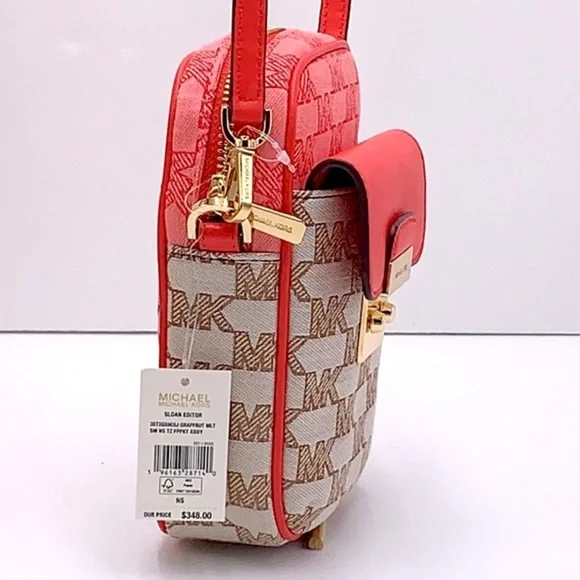 Michael Kors Sloan Editor Small Phone Logo Jacquard Crossbody Grapefruit Multi - Picture 5 of 16